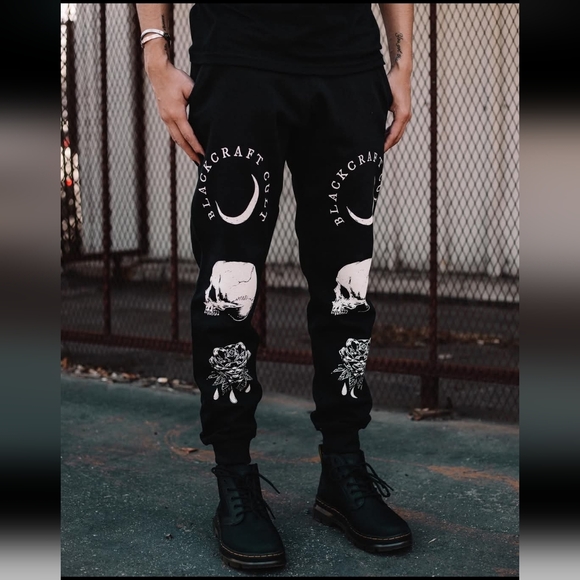 Blackcraft Cult Black Gothic Moon Skull Rose Jogger Sweatpants